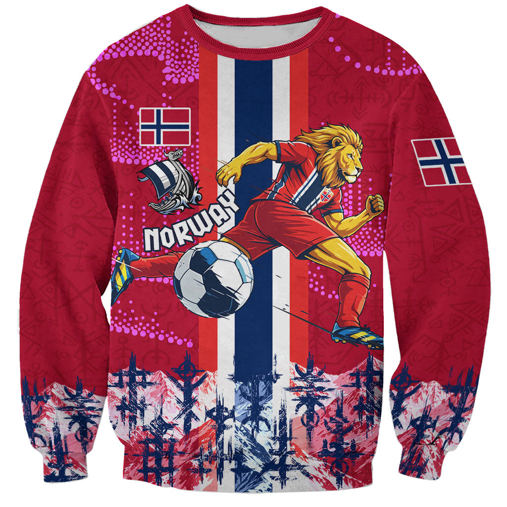 Personalized Norway Football Sweatshirt Viking Lion Soccer Mascot - Nordic Longship And Mountain Landscape