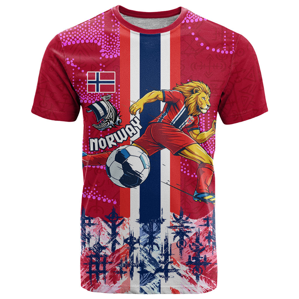 Personalized Norway Football T Shirt Viking Lion Soccer Mascot - Nordic Longship And Mountain Landscape