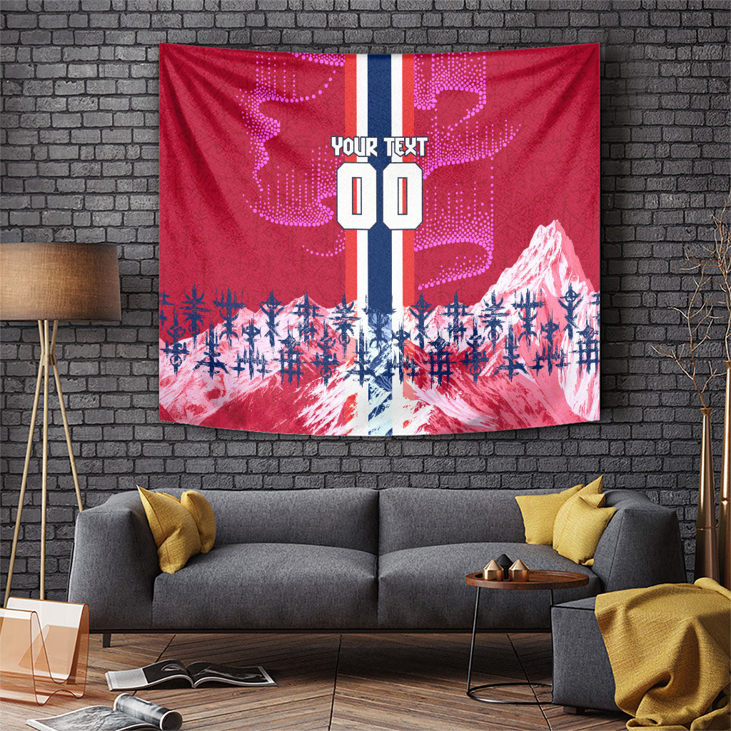 Personalized Norway Football Tapestry Viking Lion Soccer Mascot - Nordic Longship And Mountain Landscape