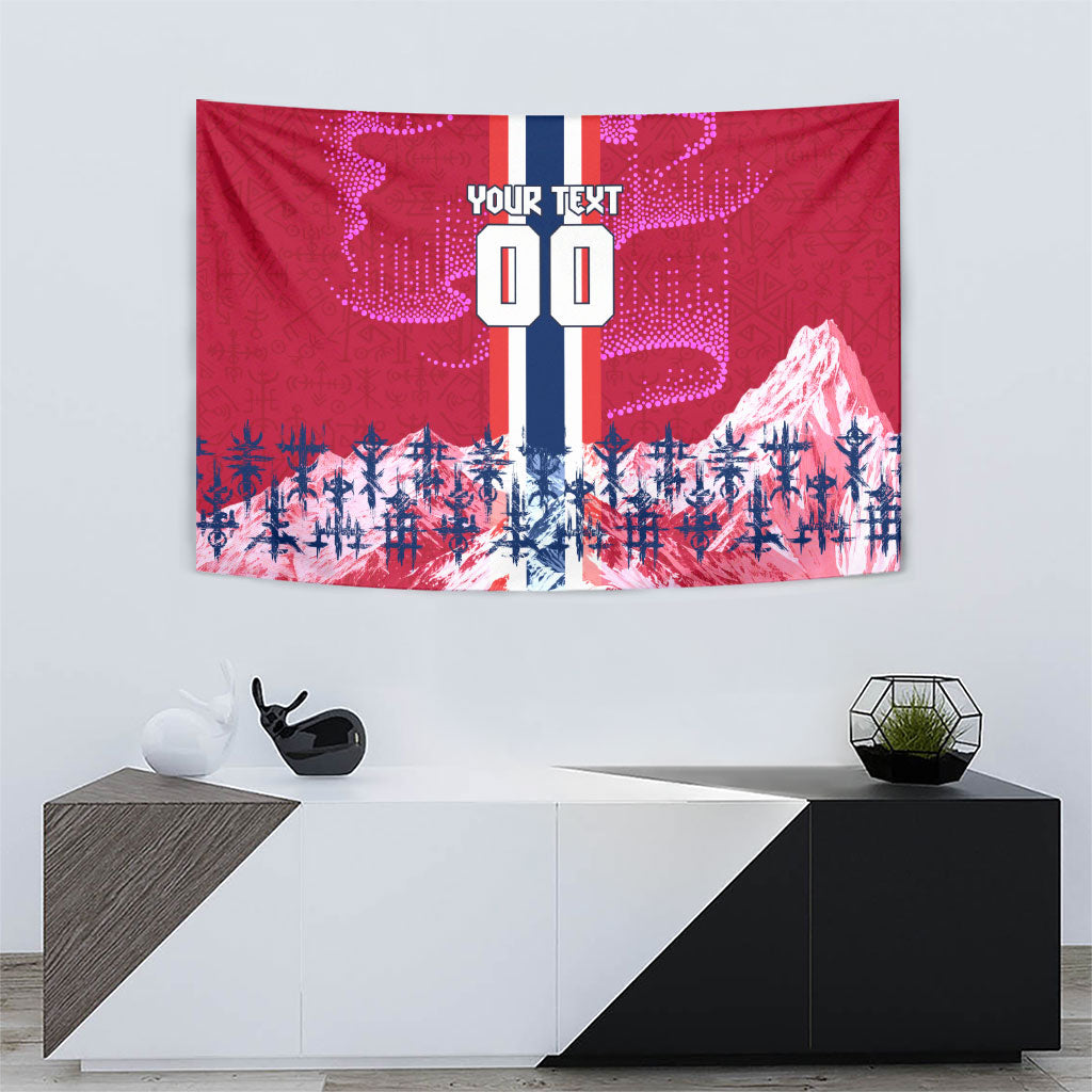 Personalized Norway Football Tapestry Viking Lion Soccer Mascot - Nordic Longship And Mountain Landscape