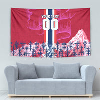 Personalized Norway Football Tapestry Viking Lion Soccer Mascot - Nordic Longship And Mountain Landscape