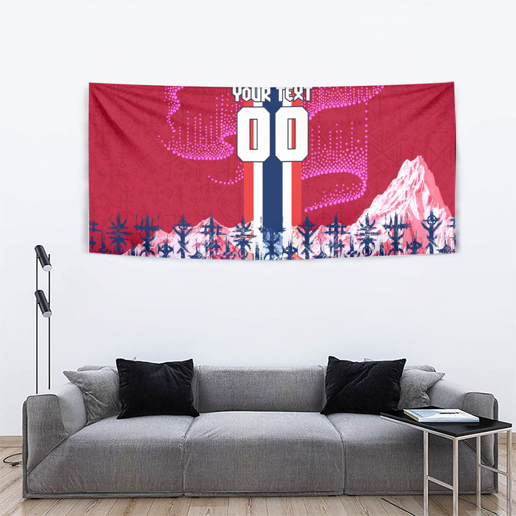 Personalized Norway Football Tapestry Viking Lion Soccer Mascot - Nordic Longship And Mountain Landscape
