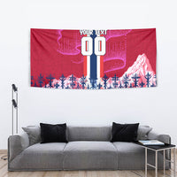 Personalized Norway Football Tapestry Viking Lion Soccer Mascot - Nordic Longship And Mountain Landscape
