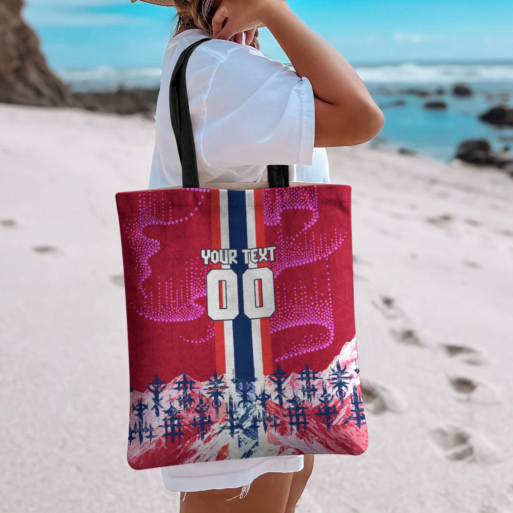 Personalized Norway Football Tote Bag Viking Lion Soccer Mascot - Nordic Longship And Mountain Landscape