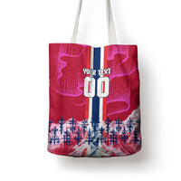 Personalized Norway Football Tote Bag Viking Lion Soccer Mascot - Nordic Longship And Mountain Landscape