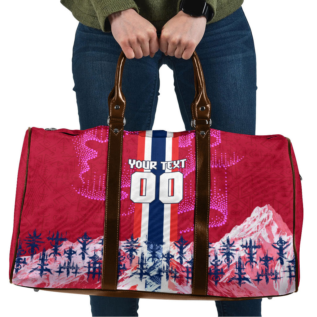 Personalized Norway Football Travel Bag Viking Lion Soccer Mascot - Nordic Longship And Mountain Landscape
