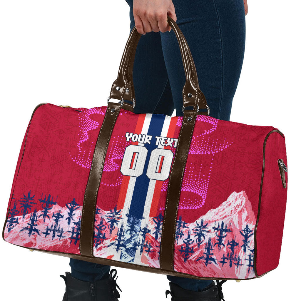 Personalized Norway Football Travel Bag Viking Lion Soccer Mascot - Nordic Longship And Mountain Landscape