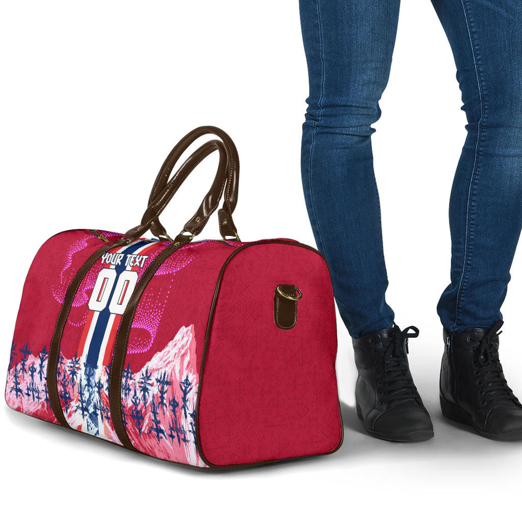 Personalized Norway Football Travel Bag Viking Lion Soccer Mascot - Nordic Longship And Mountain Landscape