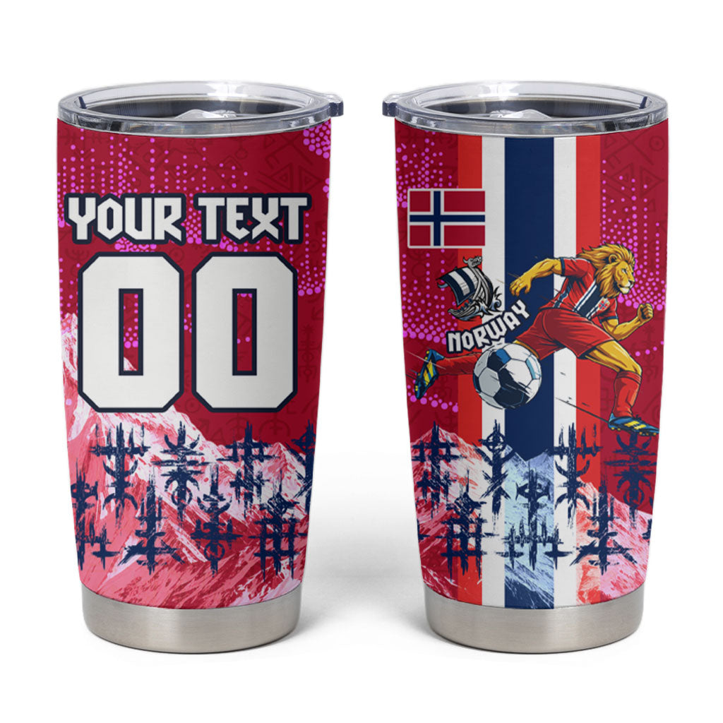 Personalized Norway Football Tumbler Cup Viking Lion Soccer Mascot - Nordic Longship And Mountain Landscape