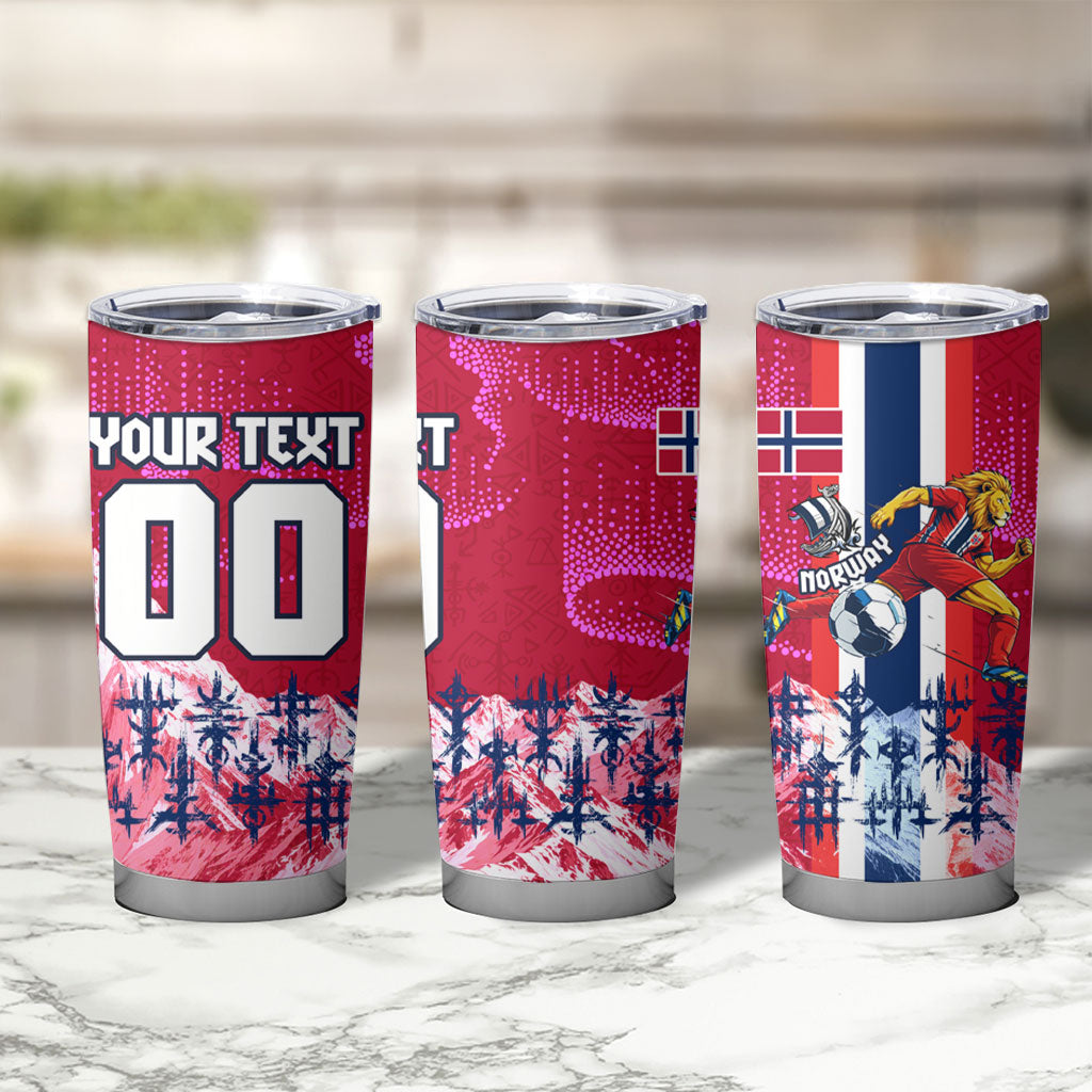 Personalized Norway Football Tumbler Cup Viking Lion Soccer Mascot - Nordic Longship And Mountain Landscape