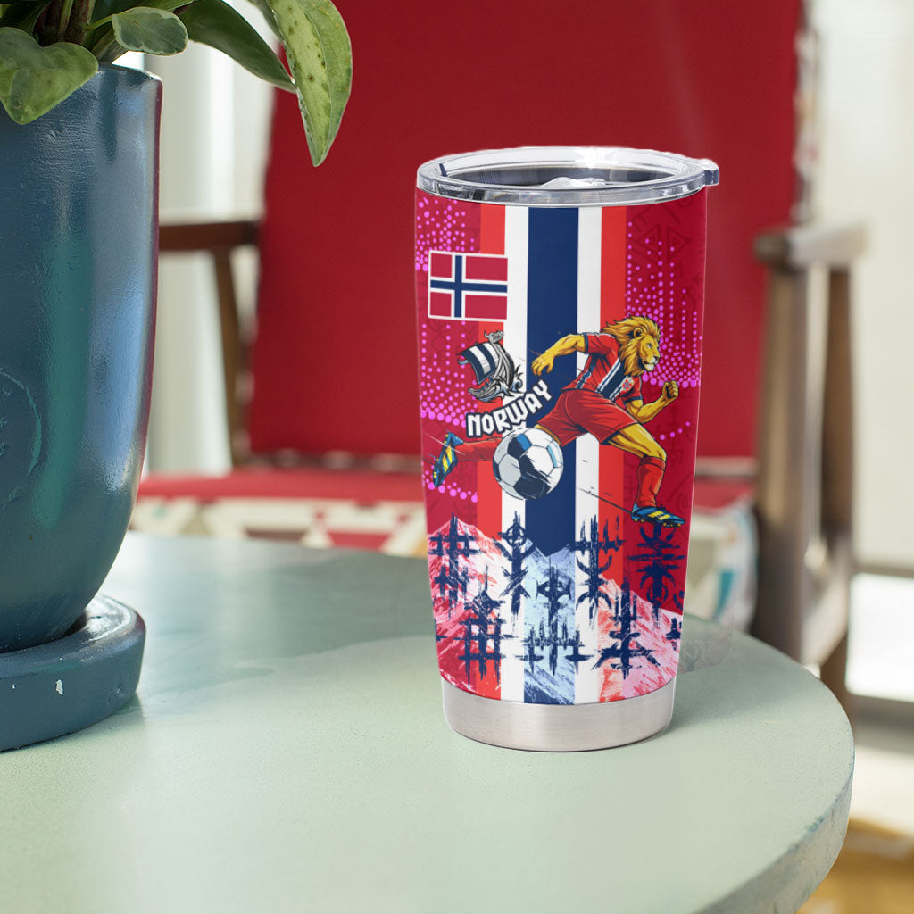 Personalized Norway Football Tumbler Cup Viking Lion Soccer Mascot - Nordic Longship And Mountain Landscape