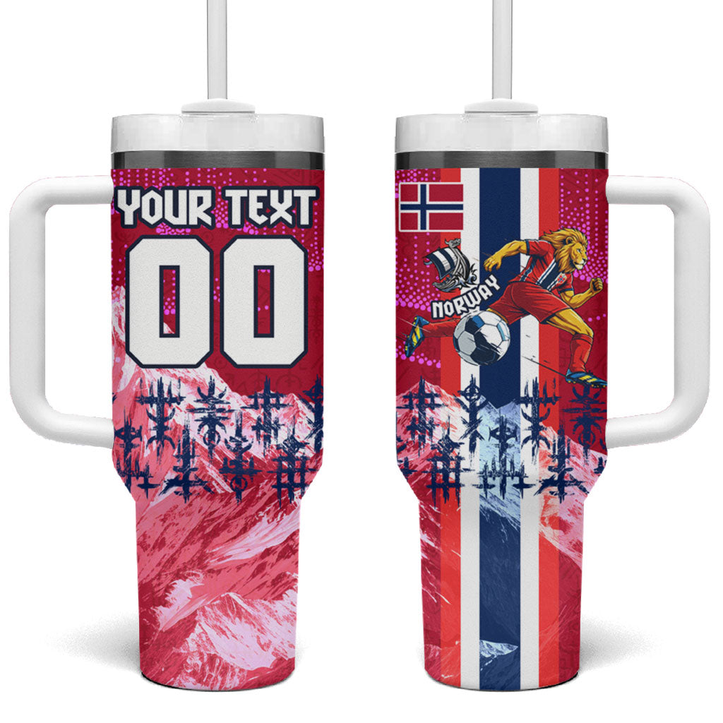 Personalized Norway Football Tumbler With Handle Viking Lion Soccer Mascot - Nordic Longship And Mountain Landscape