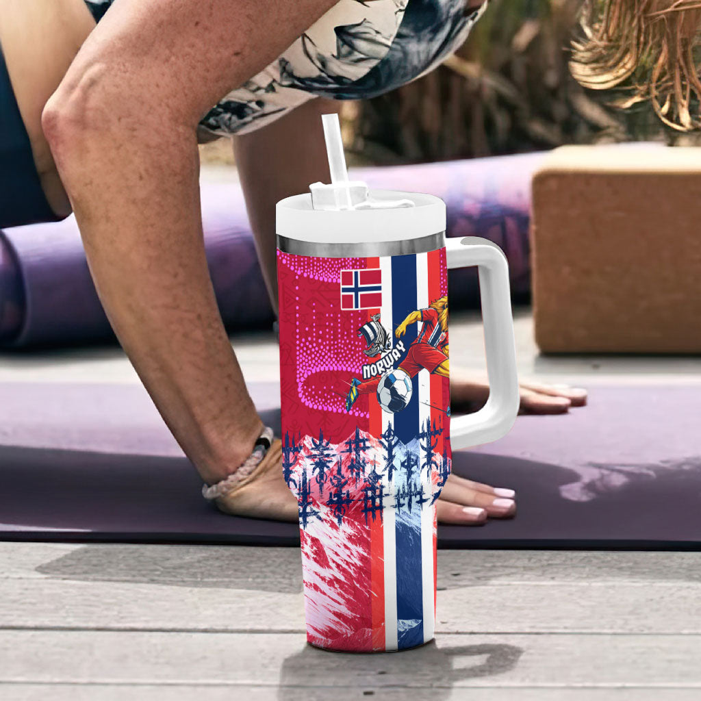 Personalized Norway Football Tumbler With Handle Viking Lion Soccer Mascot - Nordic Longship And Mountain Landscape
