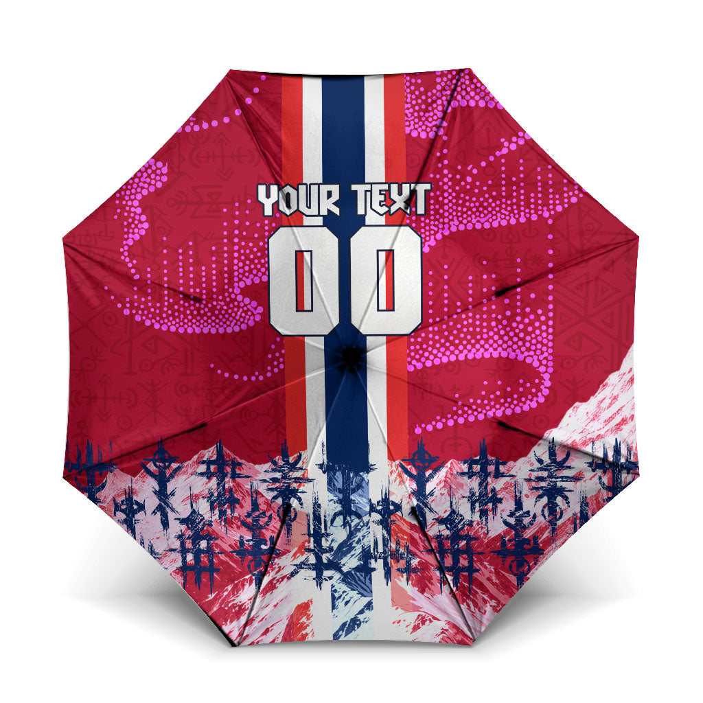 Personalized Norway Football Umbrella Viking Lion Soccer Mascot - Nordic Longship And Mountain Landscape