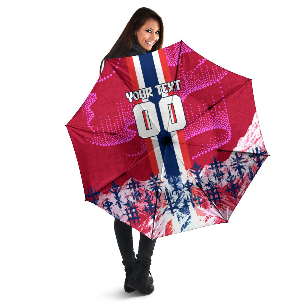 Personalized Norway Football Umbrella Viking Lion Soccer Mascot - Nordic Longship And Mountain Landscape