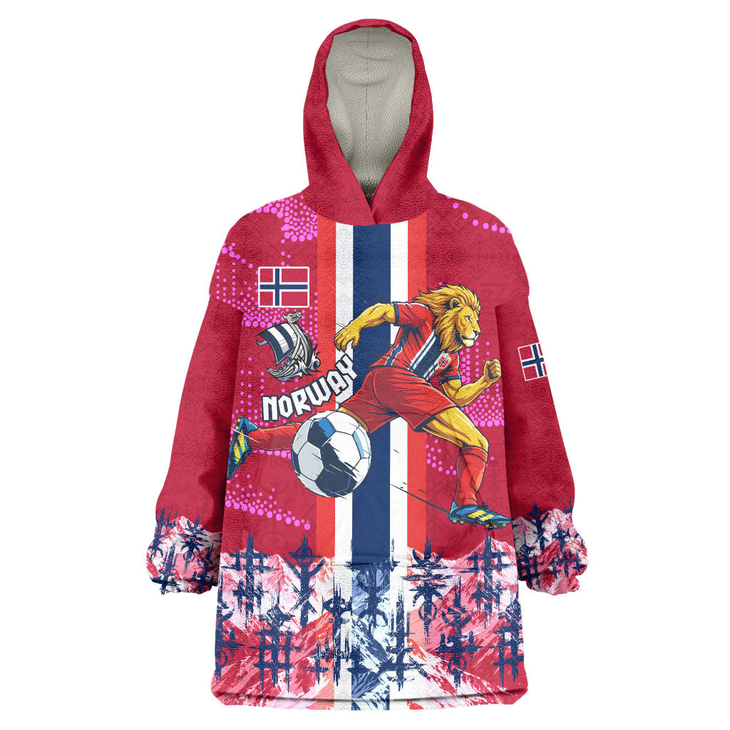 Personalized Norway Football Wearable Blanket Hoodie Viking Lion Soccer Mascot - Nordic Longship And Mountain Landscape