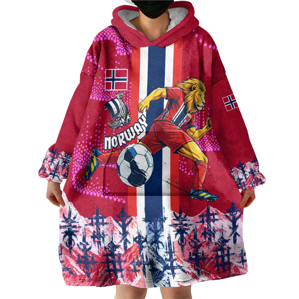Personalized Norway Football Wearable Blanket Hoodie Viking Lion Soccer Mascot - Nordic Longship And Mountain Landscape