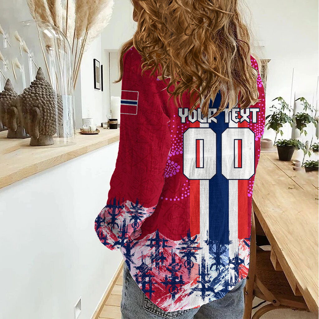 Personalized Norway Football Women Casual Shirt Viking Lion Soccer Mascot - Nordic Longship And Mountain Landscape