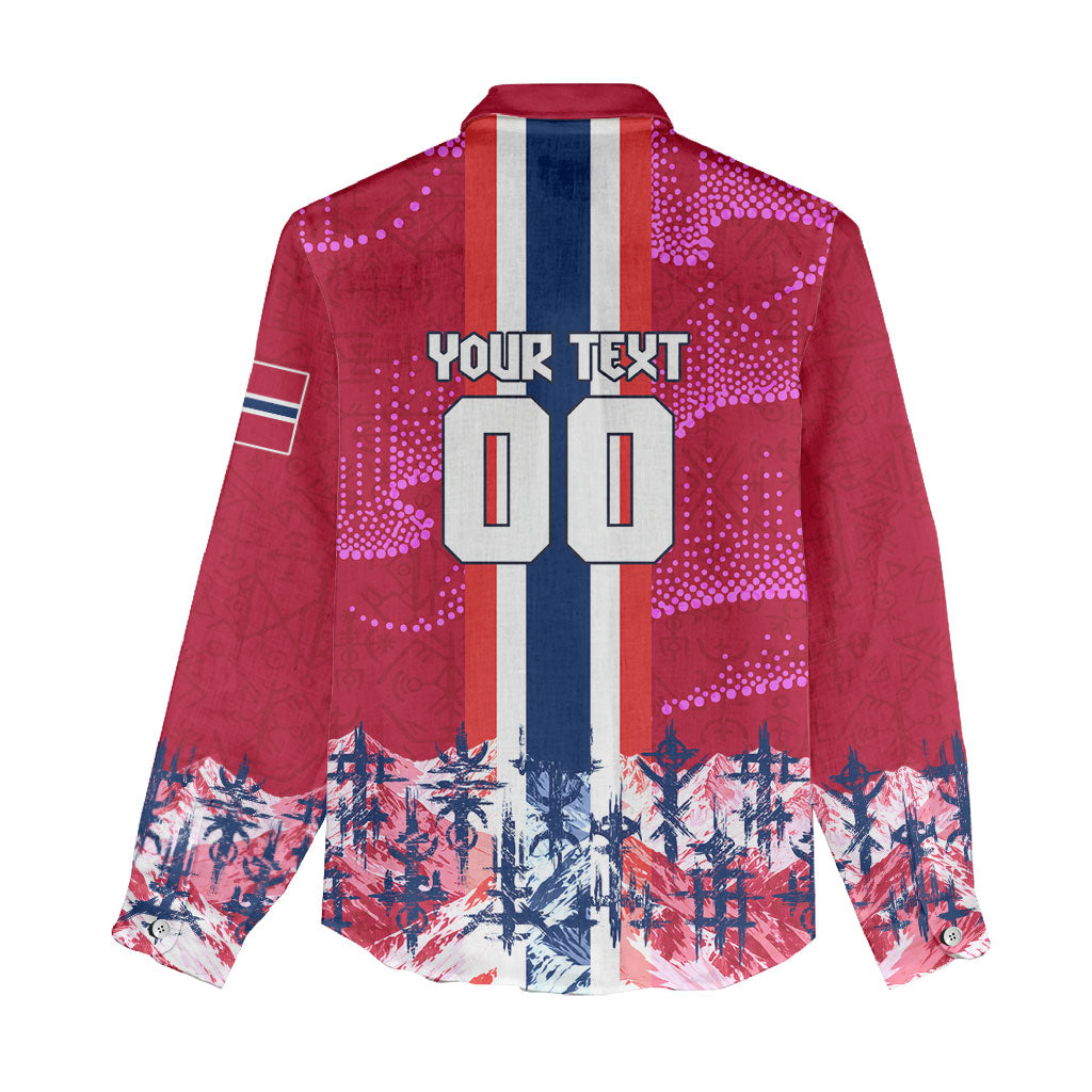Personalized Norway Football Women Casual Shirt Viking Lion Soccer Mascot - Nordic Longship And Mountain Landscape
