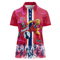 Personalized Norway Football Women Polo Shirt Viking Lion Soccer Mascot - Nordic Longship And Mountain Landscape