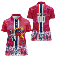 Personalized Norway Football Women Polo Shirt Viking Lion Soccer Mascot - Nordic Longship And Mountain Landscape