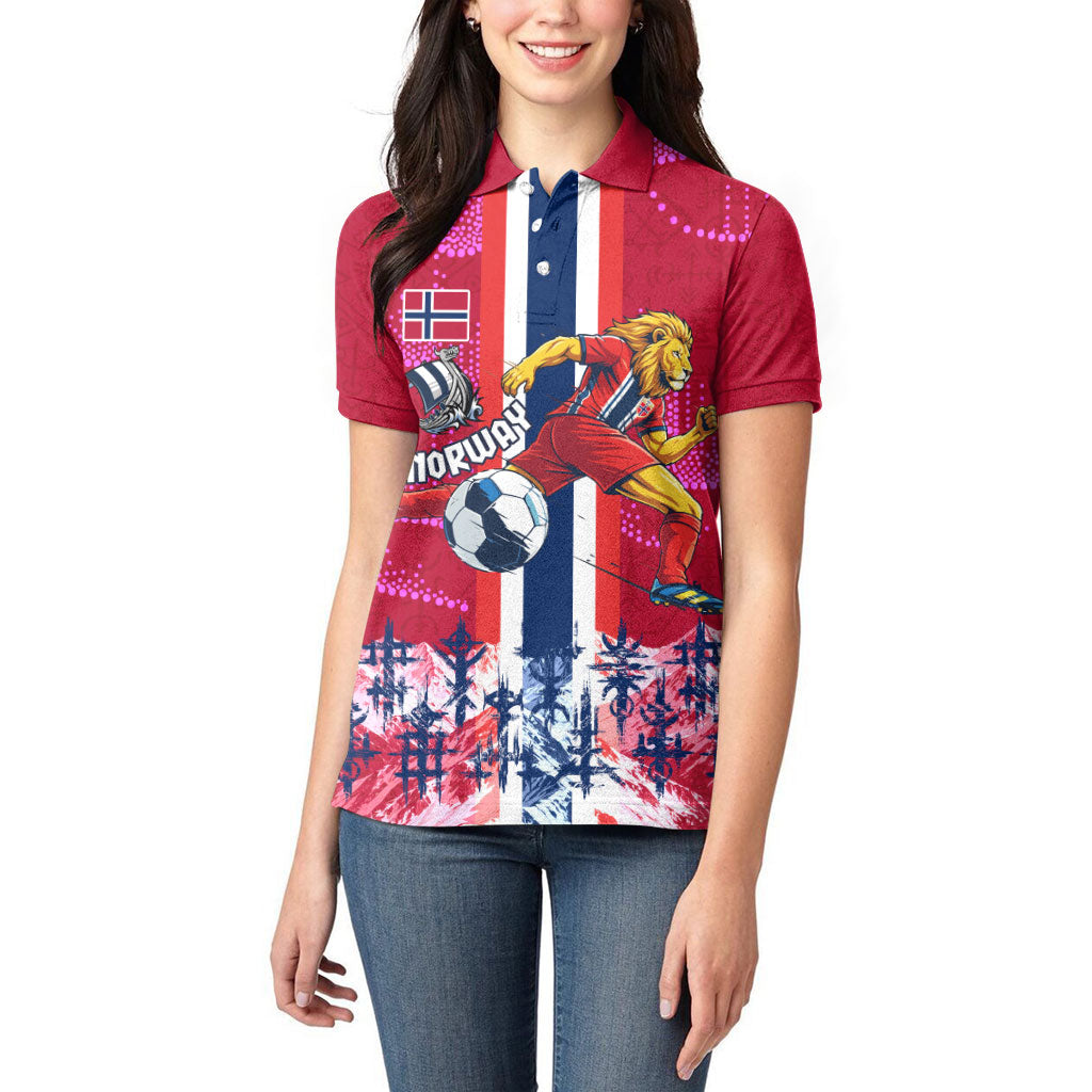 Personalized Norway Football Women Polo Shirt Viking Lion Soccer Mascot - Nordic Longship And Mountain Landscape