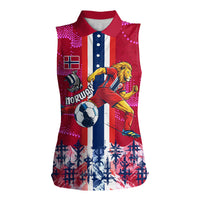 Personalized Norway Football Women Sleeveless Polo Shirt Viking Lion Soccer Mascot - Nordic Longship And Mountain Landscape