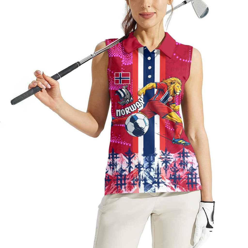 Personalized Norway Football Women Sleeveless Polo Shirt Viking Lion Soccer Mascot - Nordic Longship And Mountain Landscape