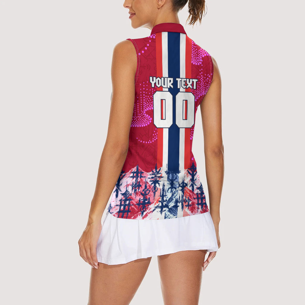 Personalized Norway Football Women Sleeveless Polo Shirt Viking Lion Soccer Mascot - Nordic Longship And Mountain Landscape