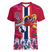 Personalized Norway Football Women V-Neck T-Shirt Viking Lion Soccer Mascot - Nordic Longship And Mountain Landscape