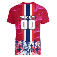 Personalized Norway Football Women V-Neck T-Shirt Viking Lion Soccer Mascot - Nordic Longship And Mountain Landscape