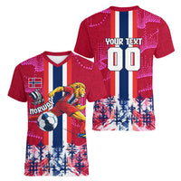 Personalized Norway Football Women V-Neck T-Shirt Viking Lion Soccer Mascot - Nordic Longship And Mountain Landscape
