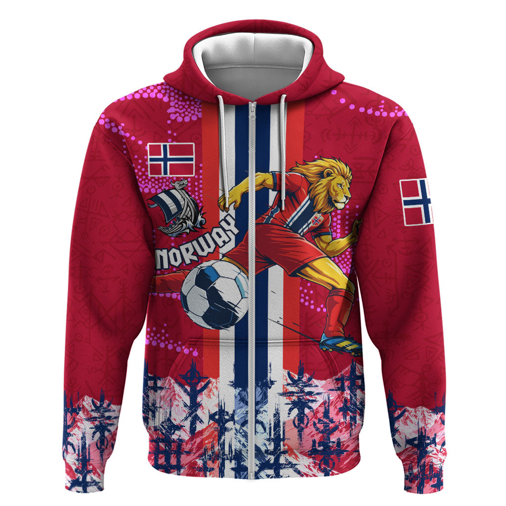 Personalized Norway Football Zip Hoodie Viking Lion Soccer Mascot - Nordic Longship And Mountain Landscape