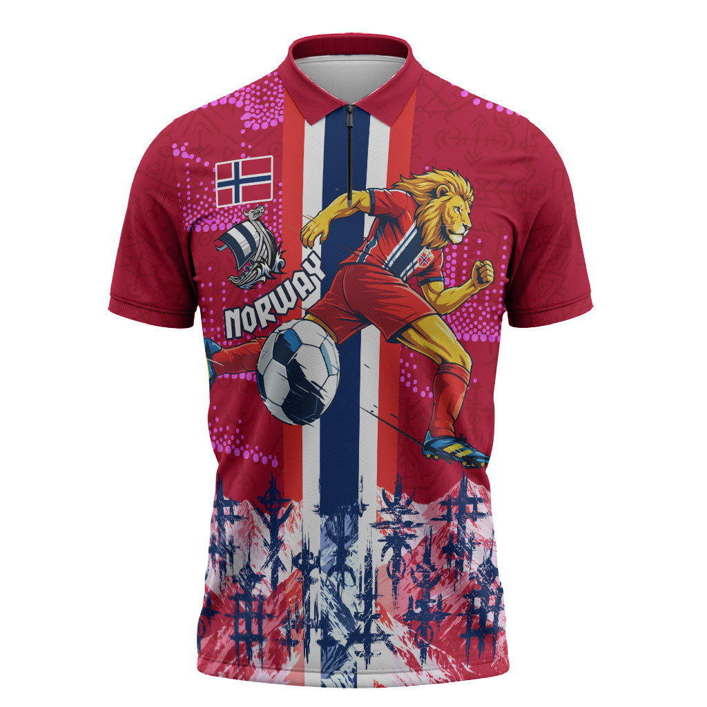 Personalized Norway Football Zipper Polo Shirt Viking Lion Soccer Mascot - Nordic Longship And Mountain Landscape