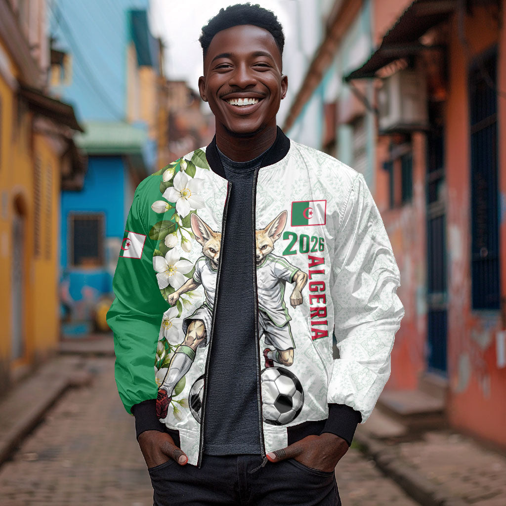 Personalized Algeria Football Desert Fox Bomber Jacket Desert Fox Mascot Soccer Art With Floral Jasmine And Flag