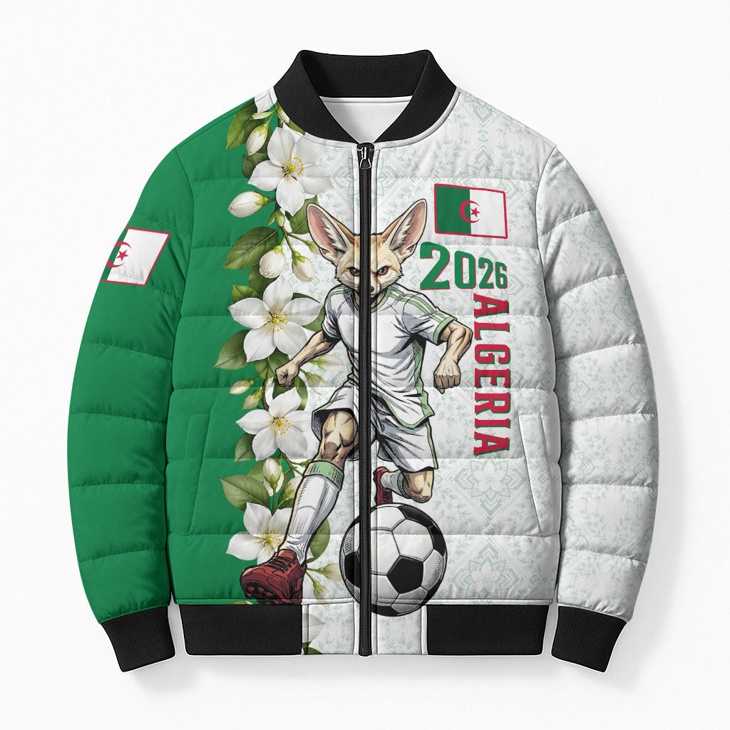 Personalized Algeria Football Desert Fox Bomber Puffer Jacket Desert Fox Mascot Soccer Art With Floral Jasmine And Flag