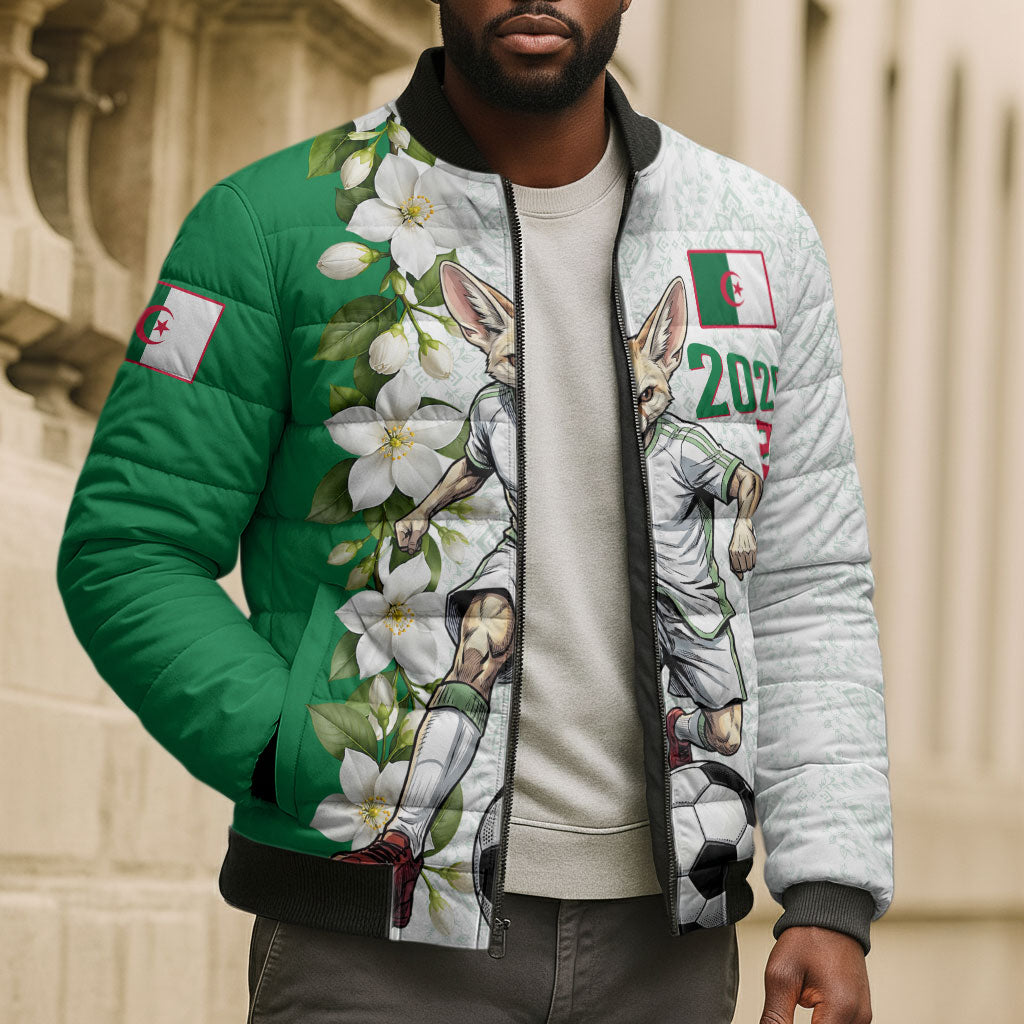 Personalized Algeria Football Desert Fox Bomber Puffer Jacket Desert Fox Mascot Soccer Art With Floral Jasmine And Flag