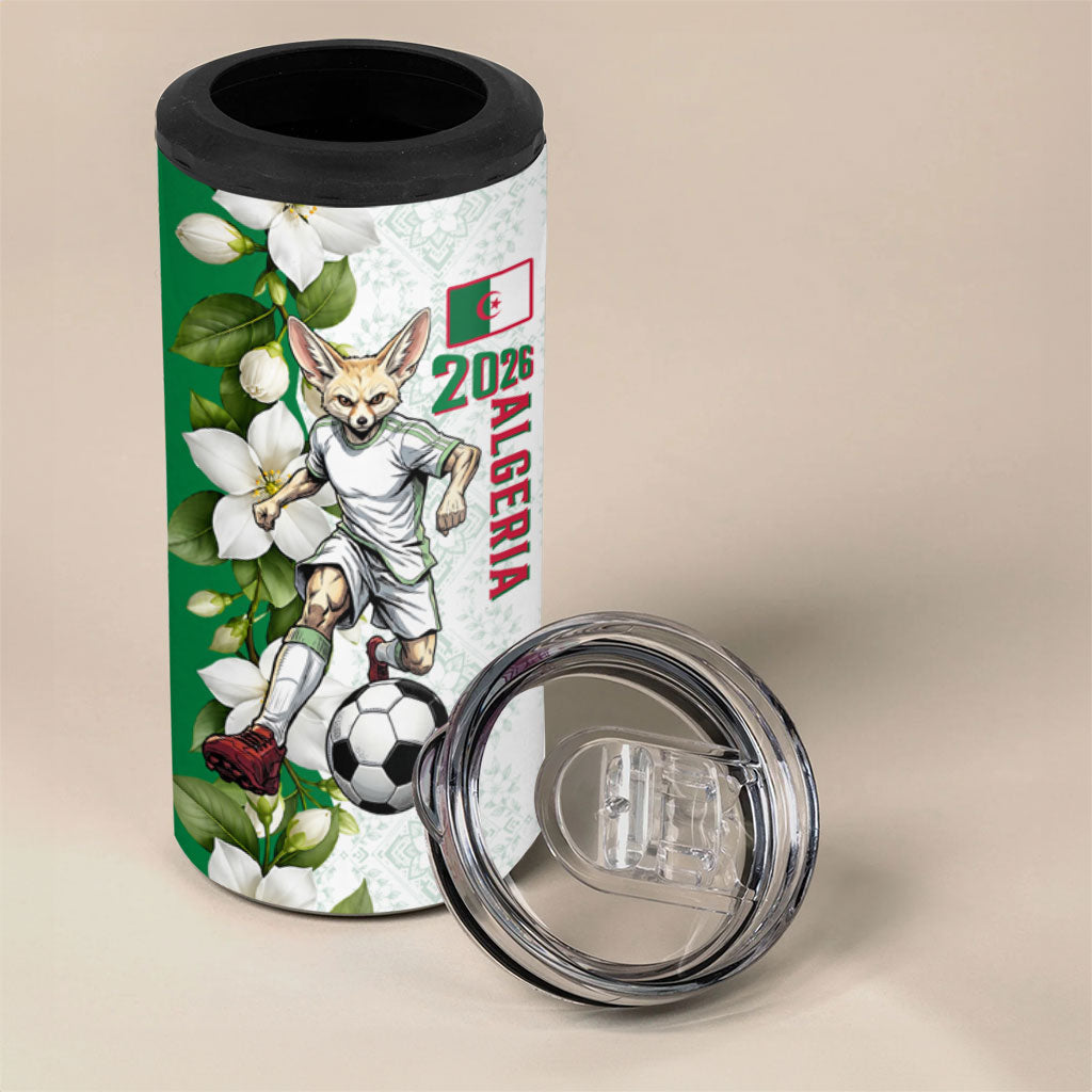 Personalized Algeria Football Desert Fox 4 in 1 Can Cooler Tumbler Desert Fox Mascot Soccer Art With Floral Jasmine And Flag