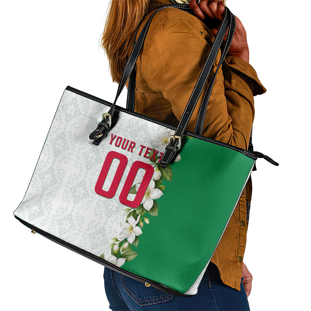Personalized Algeria Football Desert Fox Leather Tote Bag Desert Fox Mascot Soccer Art With Floral Jasmine And Flag