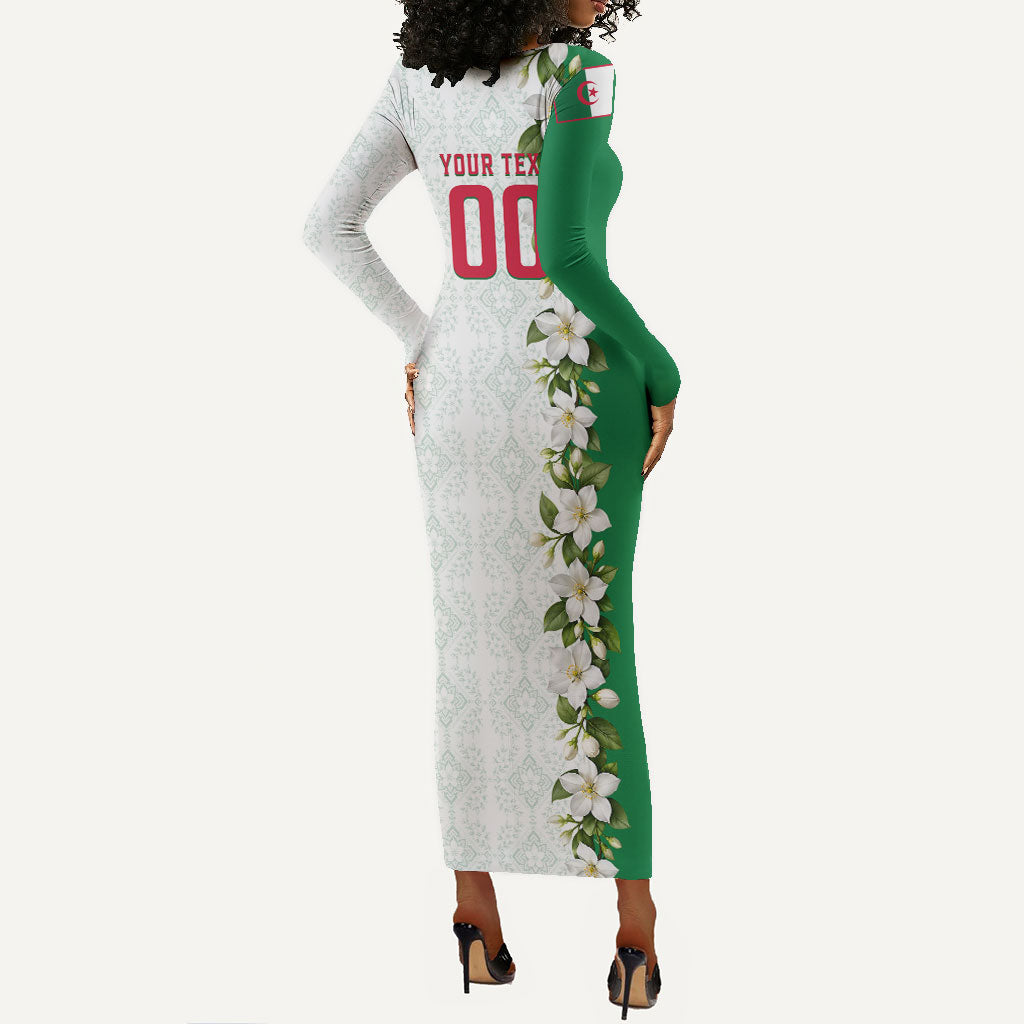 Personalized Algeria Football Desert Fox Long Sleeve Bodycon Dress Desert Fox Mascot Soccer Art With Floral Jasmine And Flag