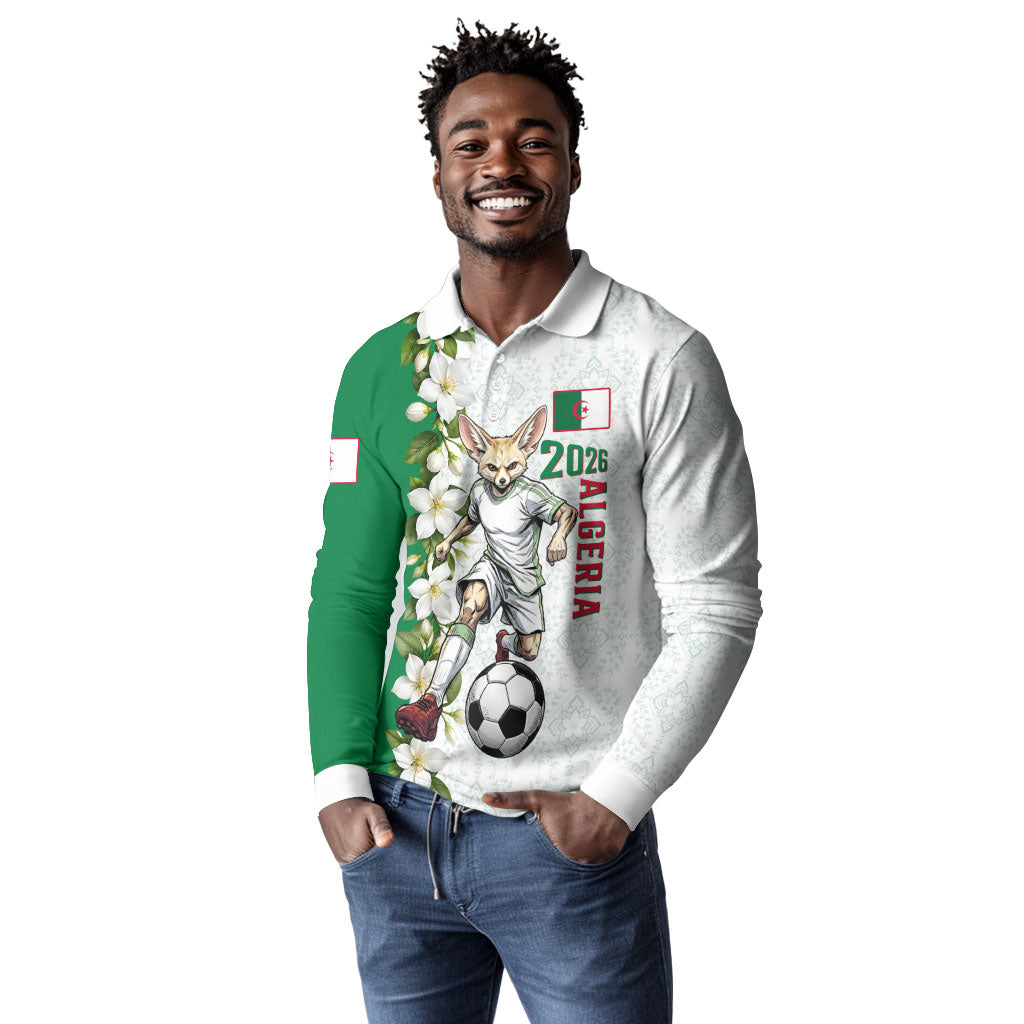 Personalized Algeria Football Desert Fox Long Sleeve Polo Shirt Desert Fox Mascot Soccer Art With Floral Jasmine And Flag