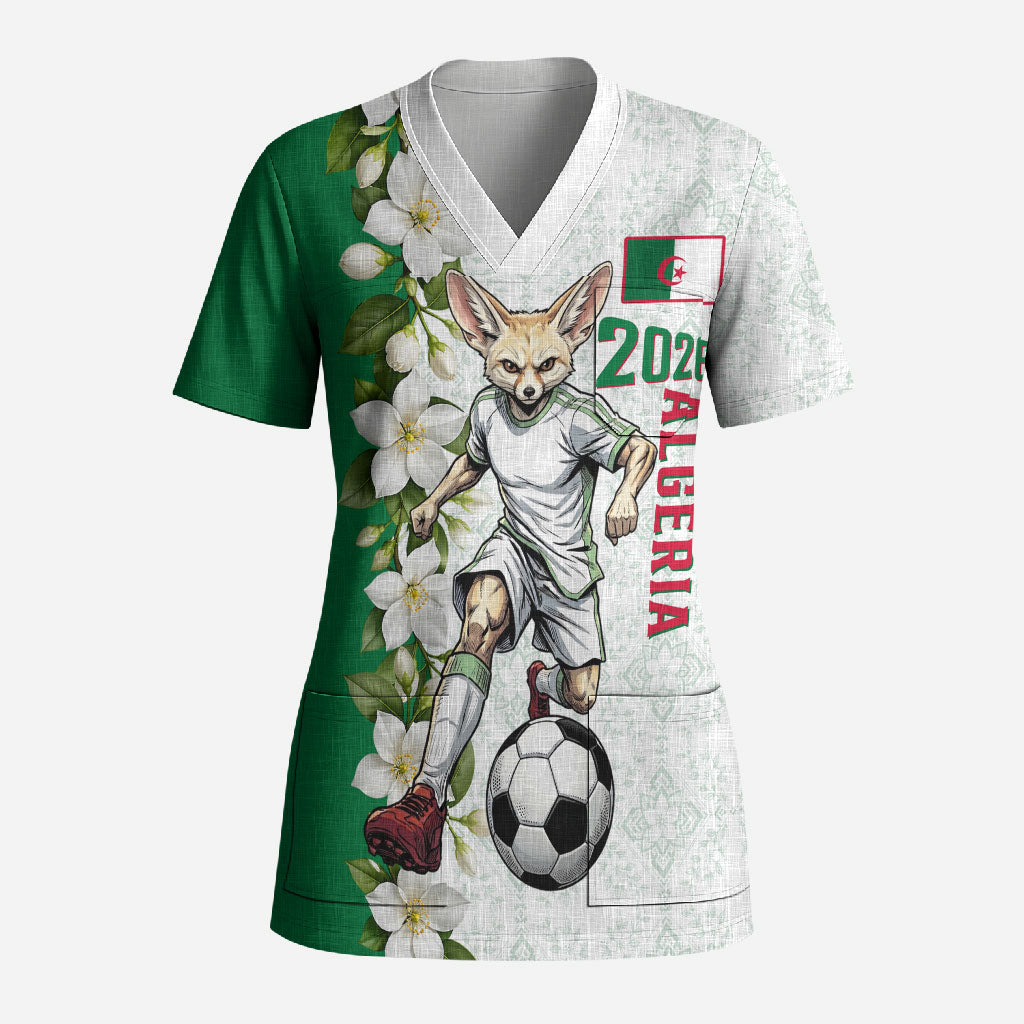 Personalized Algeria Football Desert Fox Scrub Top Desert Fox Mascot Soccer Art With Floral Jasmine And Flag