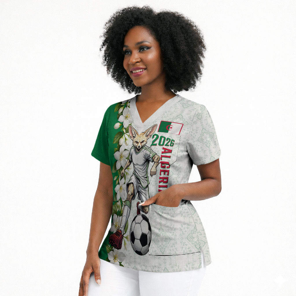 Personalized Algeria Football Desert Fox Scrub Top Desert Fox Mascot Soccer Art With Floral Jasmine And Flag