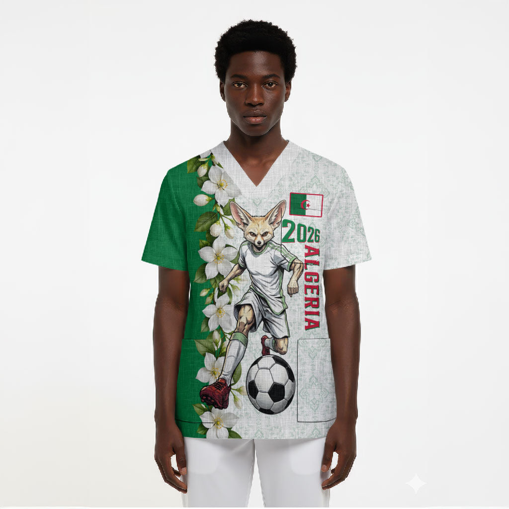 Personalized Algeria Football Desert Fox Scrub Top Desert Fox Mascot Soccer Art With Floral Jasmine And Flag