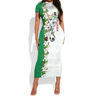 Personalized Algeria Football Desert Fox Short Sleeve Bodycon Dress Desert Fox Mascot Soccer Art With Floral Jasmine And Flag