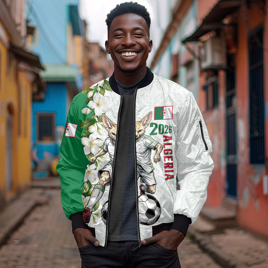 Personalized Algeria Football Desert Fox Sleeve Zip Bomber Jacket Desert Fox Mascot Soccer Art With Floral Jasmine And Flag