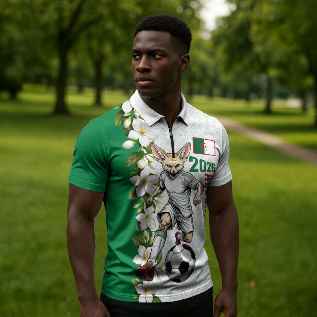 Personalized Algeria Football Desert Fox Zipper Polo Shirt Desert Fox Mascot Soccer Art With Floral Jasmine And Flag