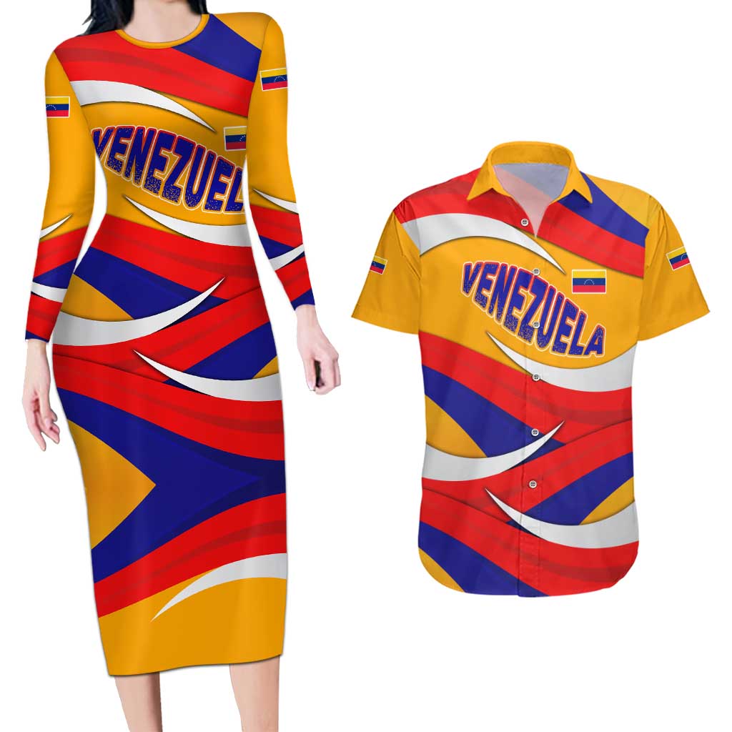Venezuela Couples Matching Long Sleeve Bodycon Dress and Hawaiian Shirt with Yellow Red Blue Flag Stripe Wave Spirit