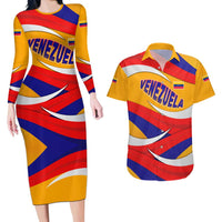 Venezuela Couples Matching Long Sleeve Bodycon Dress and Hawaiian Shirt with Yellow Red Blue Flag Stripe Wave Spirit