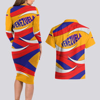 Venezuela Couples Matching Long Sleeve Bodycon Dress and Hawaiian Shirt with Yellow Red Blue Flag Stripe Wave Spirit